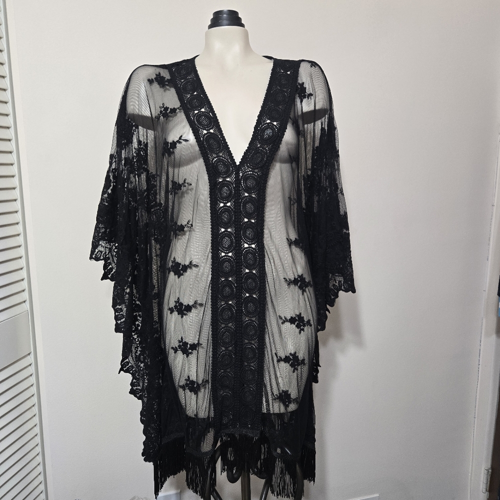 Black Lace Fringe Swim Coverup Kimono